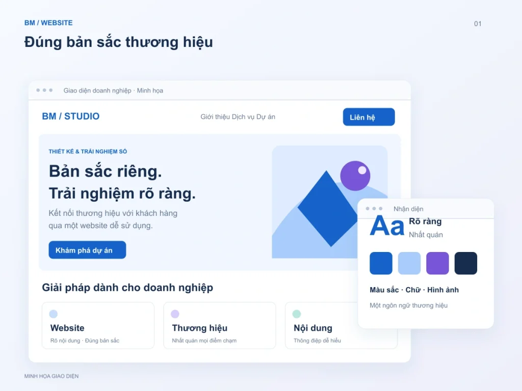 Mockup website BM với bảng màu xanh tím và kiểu chữ nhận diện thương hiệu