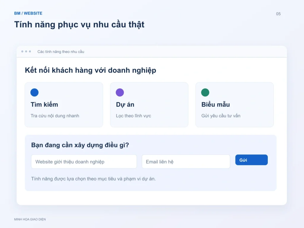 Minh họa tìm kiếm nội dung, lọc dự án và biểu mẫu gửi yêu cầu tư vấn