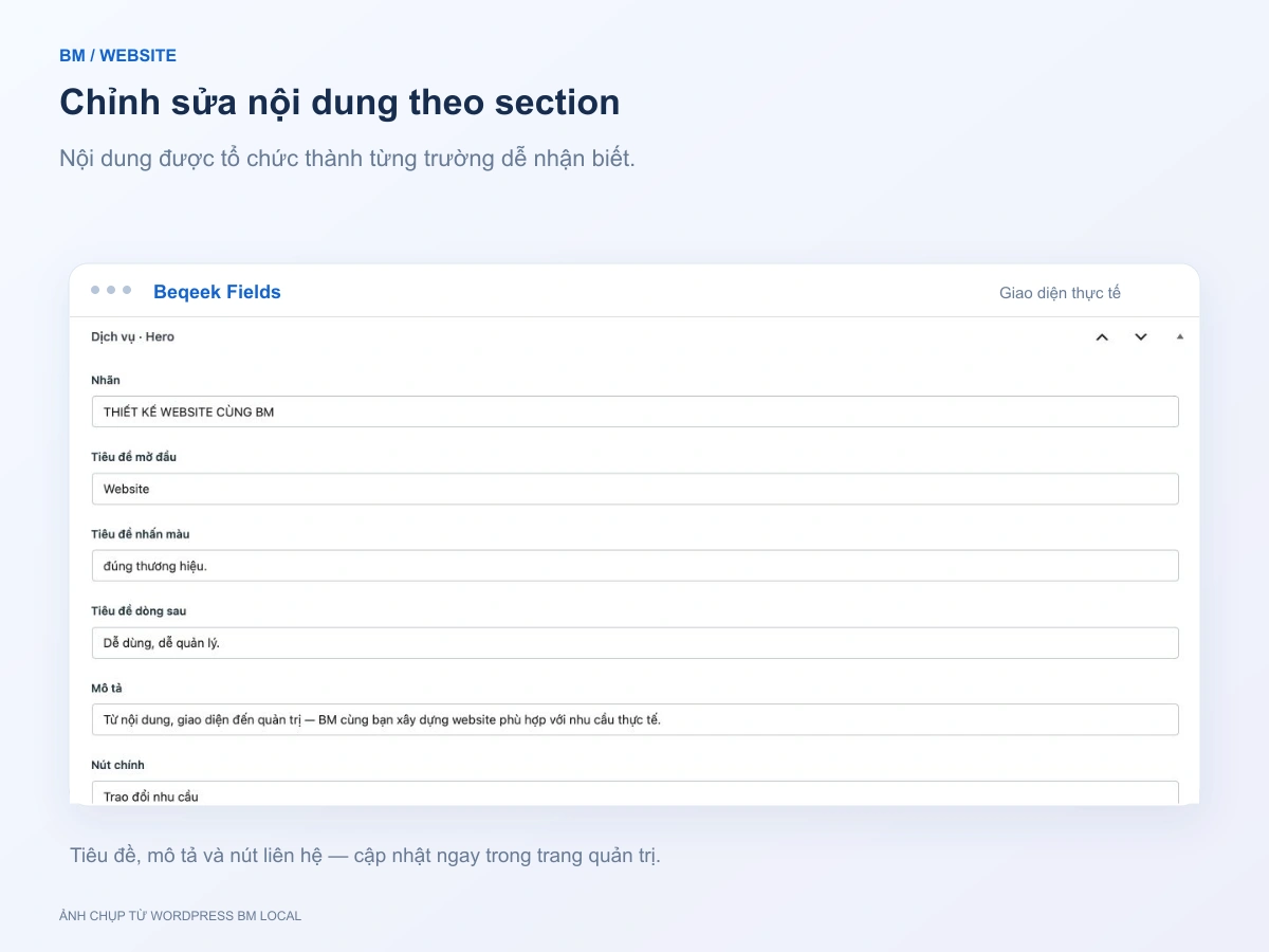Giao diện Beqeek Fields trong WordPress BM với các trường nhãn, tiêu đề, mô tả và nút chính của phần mở đầu
