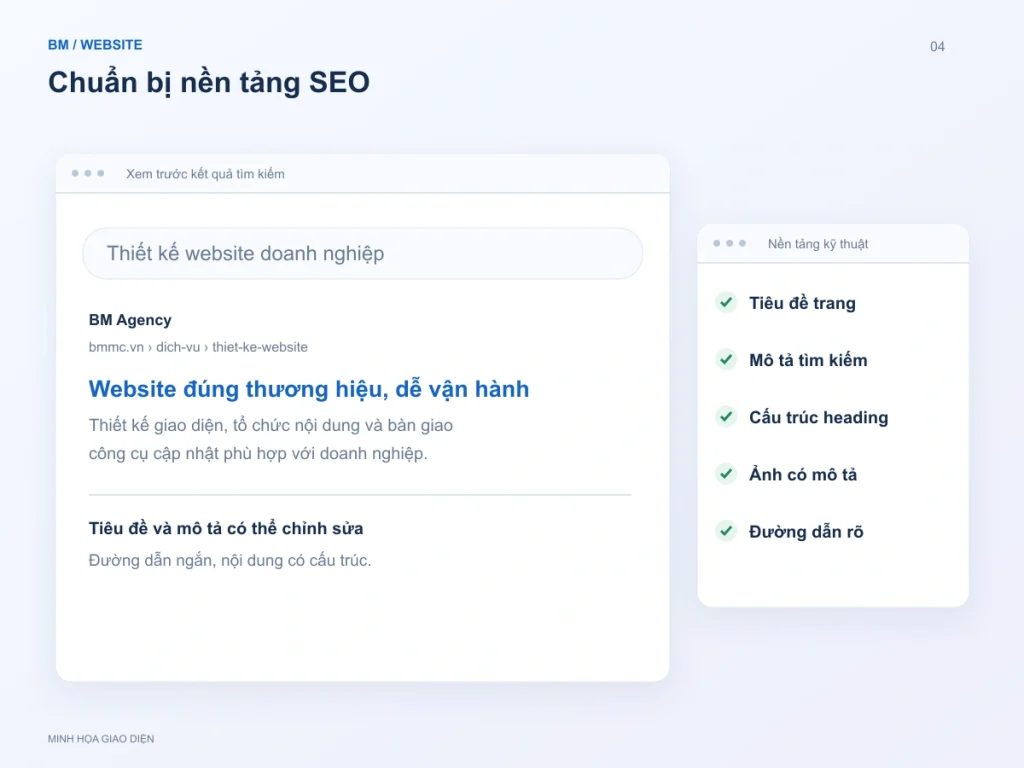 Minh họa kết quả tìm kiếm và danh sách kiểm tra tiêu đề, mô tả, heading, ảnh, đường dẫn
